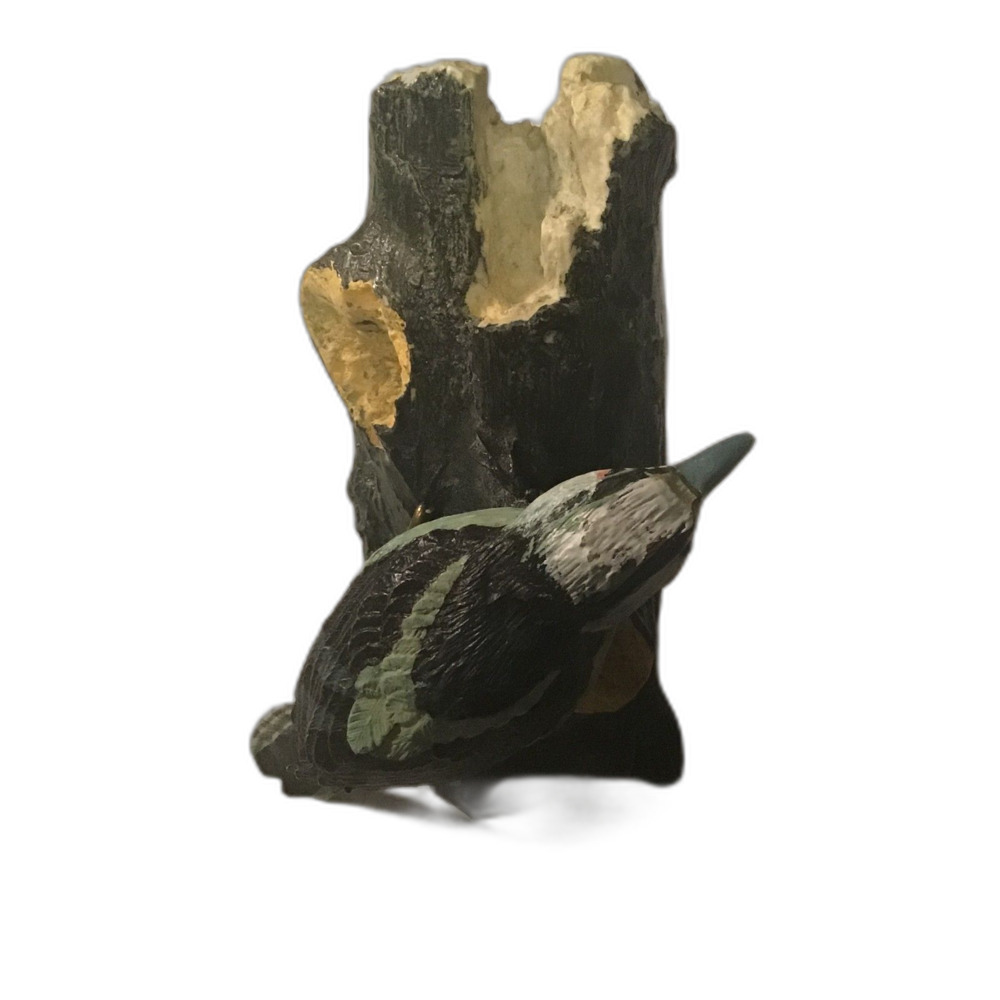 Vintage Porcelain White-Breasted Nuthatch Figurine on Resin Tree Trunk Sculpture